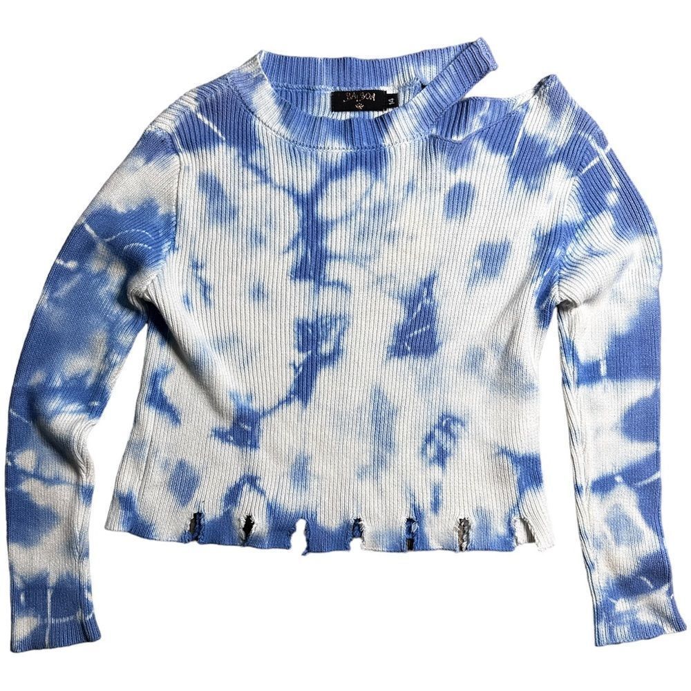 BALBOA Cropped Frayed Tie Die cotton blue and white sweater Girls Size 14​